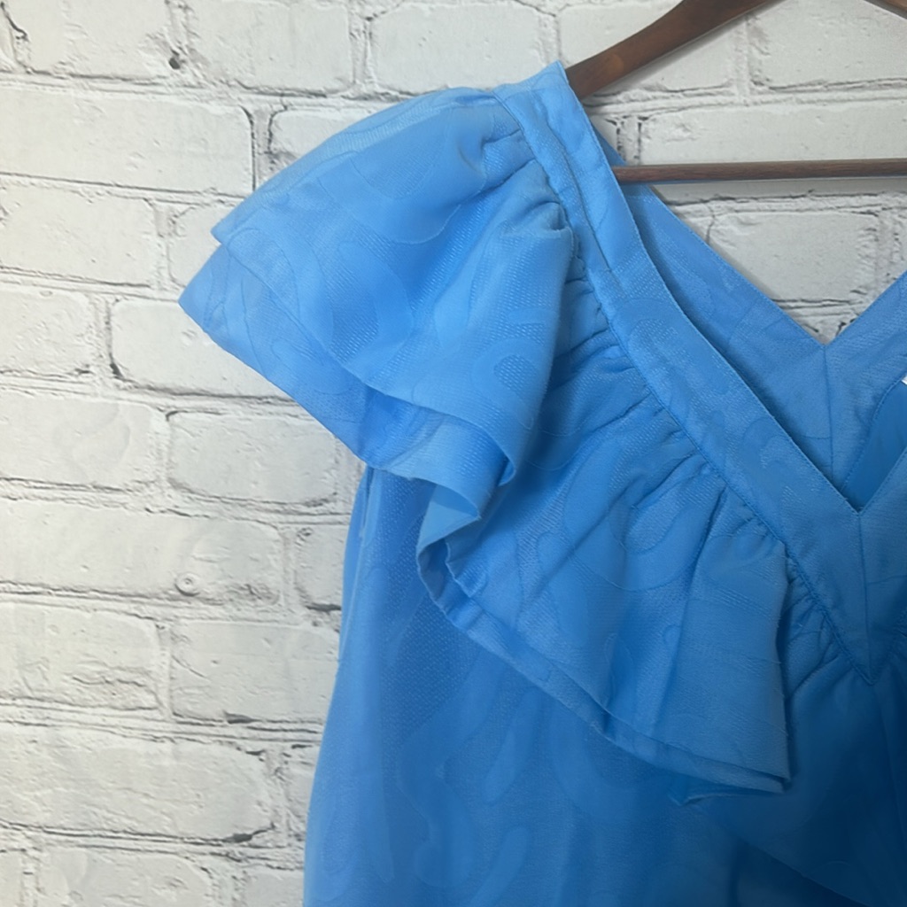 Emily Mccarthy Blue Ruffled V-Neck Dress Size X-Large Excellent Condition — image 3 of 8